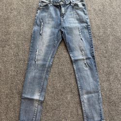 Minx & Moss Distressed Stretch Denim Skinny Jeans Size 8 Blue Denim Rolled Cuff