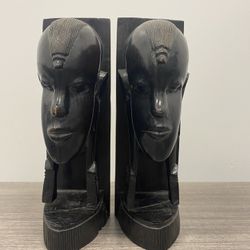 Vintage Hand Carved African Ebony Wood Woman Bust Bookends