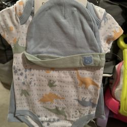 New Baby Boy 3 Piece Mon Cheri Baby Outfit Onesie Shirts Hat Blue 3-6 Months 