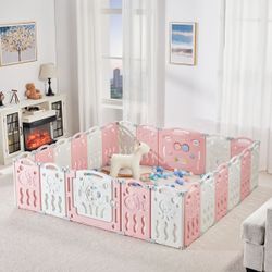 Albott 22 Panels Foldable Baby Playpen Kid Activity Center with Game Panel and Safety Gate