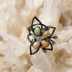 Black Rhodium Over Solid Sterling Silver Opal ,Peridot And Blue Topaz  Ring Size 8