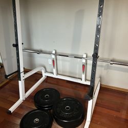 Squat/Bench Rack, Olympic barbell, Bumper Plates 