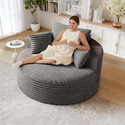50" Oversized Round Chair Lounge Chaise Indoor, Upholstered Corduroy Sofa with Deep Seat, Single Circle Sofa Chair for Living Room, Bedroom, Lounge, N
