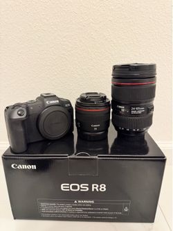 Canon R8 Camera + RF 35mm 1.8, EF 24-105mm F4L II