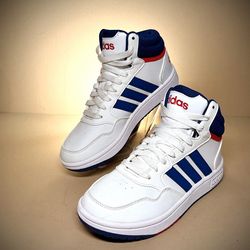 Adidas Hoops 3.0 Mid White Blue Red Kids Athletic Sneaker