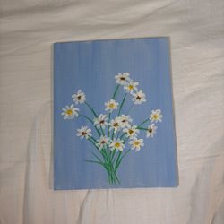 White Daisies on Blue Canvas Acrylic Painting Handmade Floral Decor