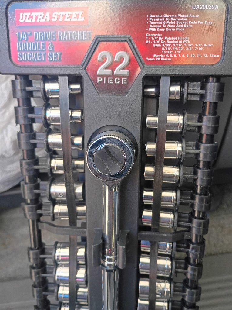Ultra Steel 22 Piece 1/4 " Drive Ratchet Handle And Socket Set