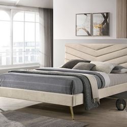 Brand New Beige Queen Modern Style Bed Frame (Available In California & Eastern King)