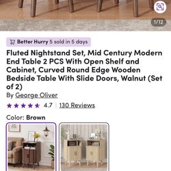 George Oliver Fluted Nightstand Set, Mid Century Modern End Table (Set of 2)