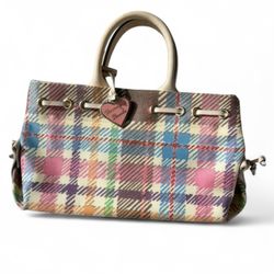 Vintage Dooney & Bourke Plaid Multi Tartan Plaid Double Handle Purse Heart Charm Coated Canvas & Leather Trim Bag