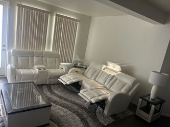 Living room set with end tables and swirl 3 tone rug