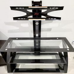Glass TV Stand with Swivel Mount – Fits up to 55” TVs  (Modern Black Glass TV Stand w/ Mount & Shelves)