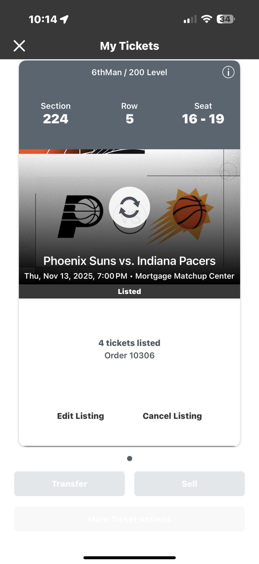 Suns Vs Pacers 4 Tickets 224 Row 5