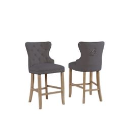 24″ Tufted Linen Upholstered Bar Stool in Grey, Set of 2
