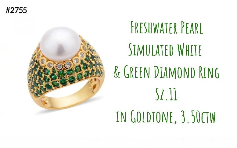 Freshwater Pearl, Sim. Green & White Diamond Ring, Sz.11