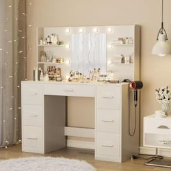 Vanity Desk with Mirror, LED Lights and Power makeup  (White) $160