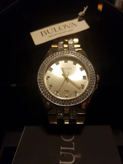 BULOVA  GOLD TONE DIAMOND AND CRYSTAL MENS WATCH