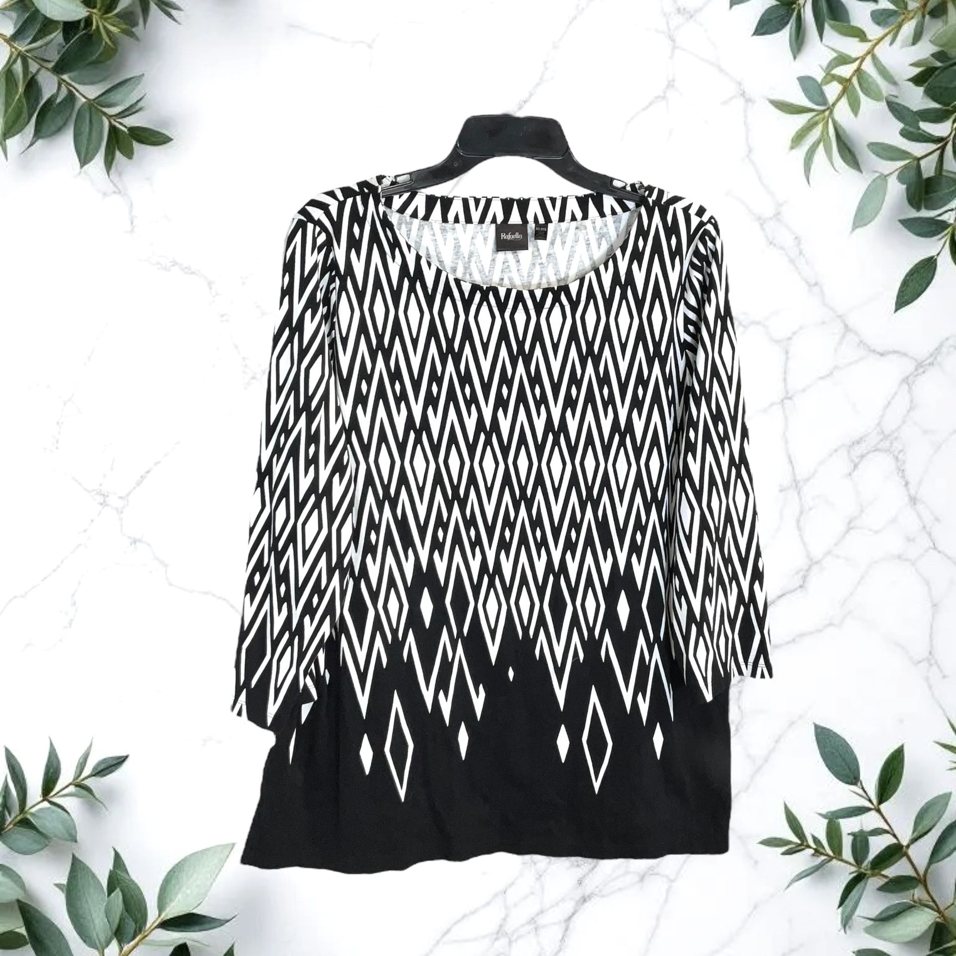 Rafaella Vintage Black & White Geometric Diamonds 3/4 Sleeve Top Women XXL