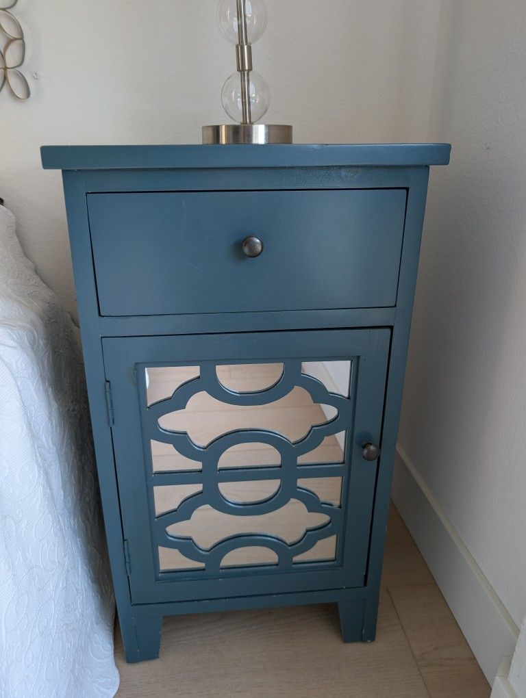 Dark Turquoise Mirrored Side Table Night Stand W/ Cabinet & Drawer
