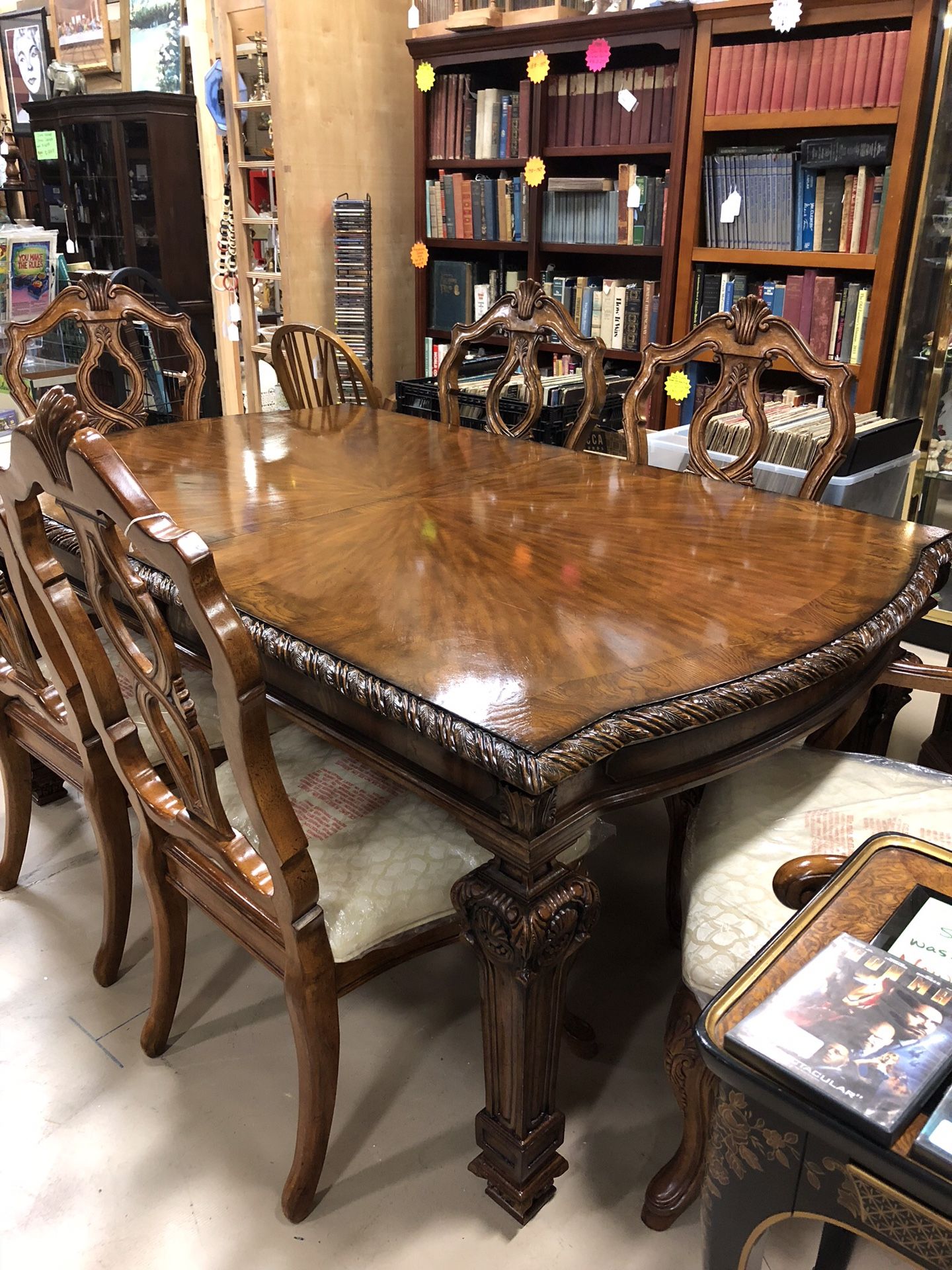 Ashley Furniture Carved Dining Table with Two Captain Four Side Chairs & Two Leaves