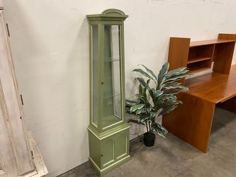 Vintage Sage Green Painted Wooden Curio Cabinet with Glass Shelves