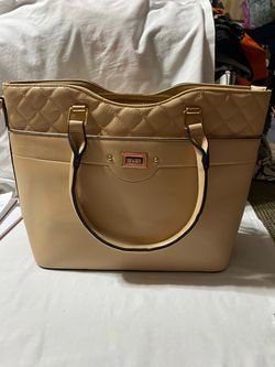 Le Meil Vegan Leather Beige Quilted Tote Handbag with Gold Hardware
