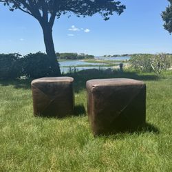 Vintage Genuine Leather Crate & Barrel Hassocks  