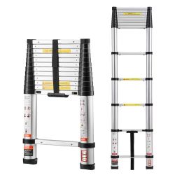 190# 12.5ft Telescoping Ladder, Aluminum Lightweight Multi-Purpose Collapsible Extension, One-Touch Retraction Ladder, Heavy Duty 330LBS Max Capacity