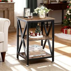 Square End Table with Storage Shelf, 16" D X 16" W X 24" H, 3-Tier End Table Living Room, Rustic Brown End Tables, X-Shaped Night Stand for Bedroom, F