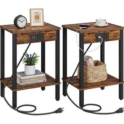 Set of 2 End Tables with USB Port and Outlets, Nightstands with 2-Tier Storage Shelves, Sofa Table for Small Space, Living Room, Bedroom, Rustic Brown
