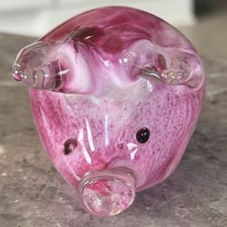 Hand-Blown Pink and White Blown Glass Pig Figurine