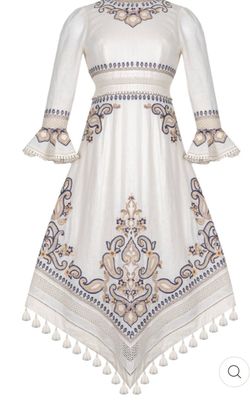 ZIMMERMANN Cream Linen Embroidered Bell Sleeve Midi Dress Lined Size 0