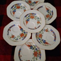 ANTIQUE  PRE WW2 ENGLISH TEA SET SAUCER 7 PIECES NEVER USE  GOLD TRIM  MORE