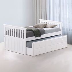 White Twin Captain Bed w/ Trundle 