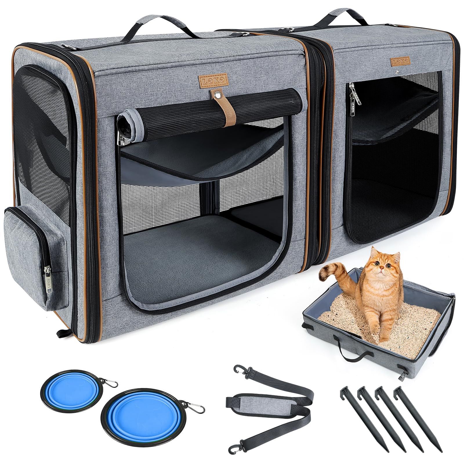 2-In-1 Large Cat Carrier For 2 Cats Up To 35 Lbs, (17.7"*2)*16.5"*13" Car Travel Carrier With Litter Box, Bowl, And Locking Zipper - Grey