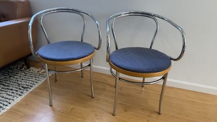 Pair of MCM Vintage Chrome Dining Chairs – Blue Upholstered Accent Chairs