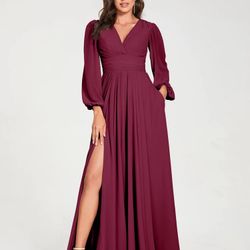 Light burgundy A-Line/Princess Chiffon V-Neck Long Sleeves Split Side Floor-Length With Pockets Bridesmaid Dresses × 1 Light Burgundy Size: 16