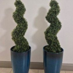 *** REDUCED *** PAIR of 3' Faux Boxwood Spirals in 21" Blue Resin Planters @ Lasting Creations