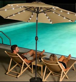 🤎🤎 Brand New 9ft. Khaki Outdoor Umbrella w/ Solar LED Lights