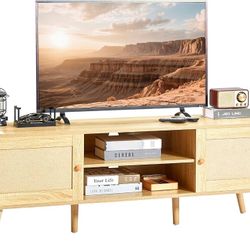 TV Stand for 60/55/50 inch TVs, TV Stands for Living Room, Entertainment Center with Shelves & 2 Storage Cabinets, Mid Century Modern Boho Media Telev