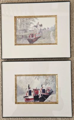 Vintage "Narrow Boats" by English Watercolor Artist Garth Allan 8×10