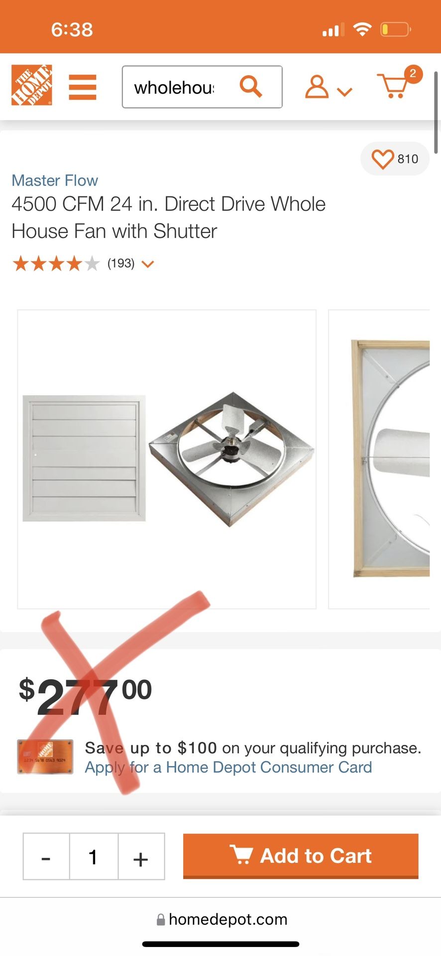 GAF Whole House Fan 24” 4500 CFM Direct Drive