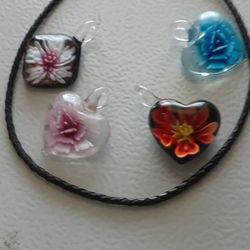 4 Miarno Glass Pendants W/black Leather Necklace 