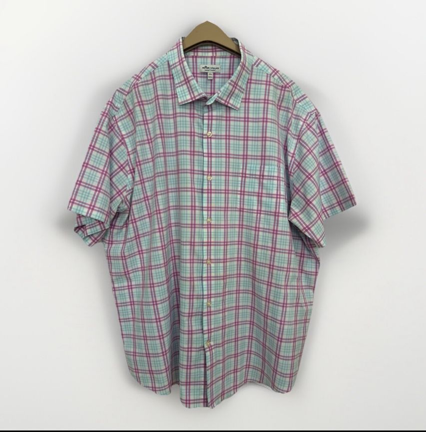 Peter Millar Summer Comfort Button Up Shirt Men 2XL Pastel Plaid Short Sleeve
