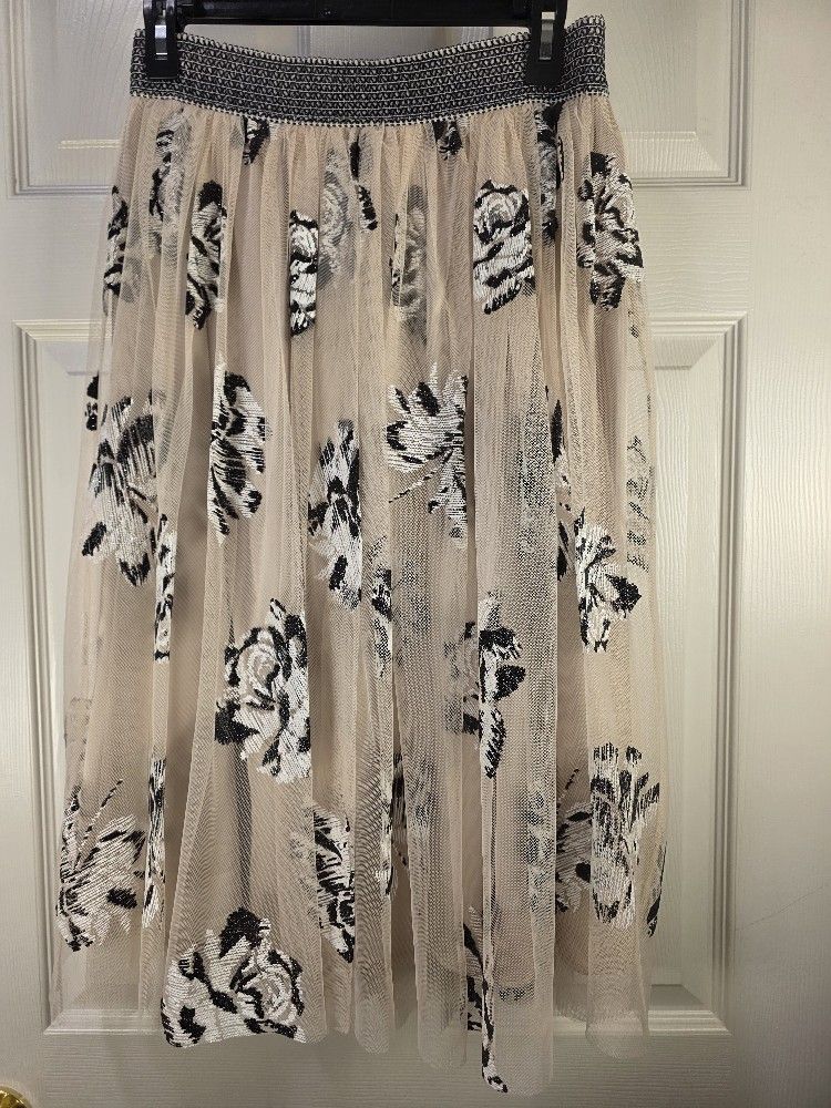Everleigh Beige Satin & Tulle Skirt Layer Glitter Floral Blk Whi Skirt Womens M