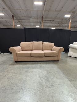 Neutral Beige Thomasville Three-Seat Sofa with Rolled Arms