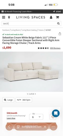 Living Spaces Sebastian Convertible Sleeper Sectional with Storage – Cream/Beige