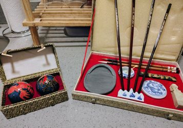 Late Century Chinese Calligraphy Set, Baoding Chime Balls, Chopsticks