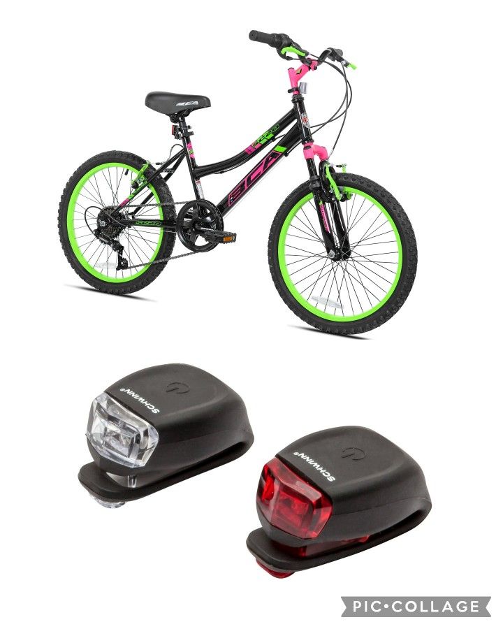 Like New BCA SC20 Girls' 20" Kids' Steel Frame Bike, Black/Green With Schwinn Headlight And Tail light set