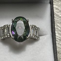 Ladies Sterling Silver 7.5 Ct. Mystic Topaz W/ White Zircon Baguettes Cocktail Ring Size 7